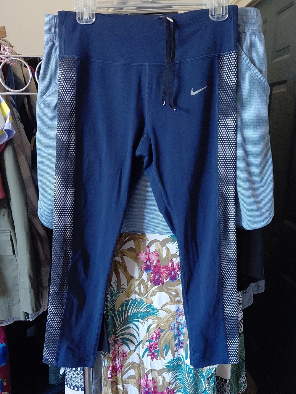 Nike Navy Blue Girls' Leggings with Dot-Pattern Side Panels